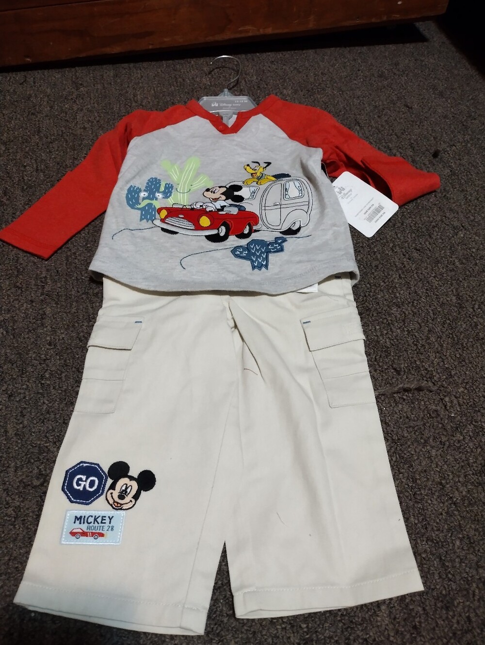 Disney Store Boys Mickey Mouse Raglan Top with Cream Cargo Pants Size 12-18M